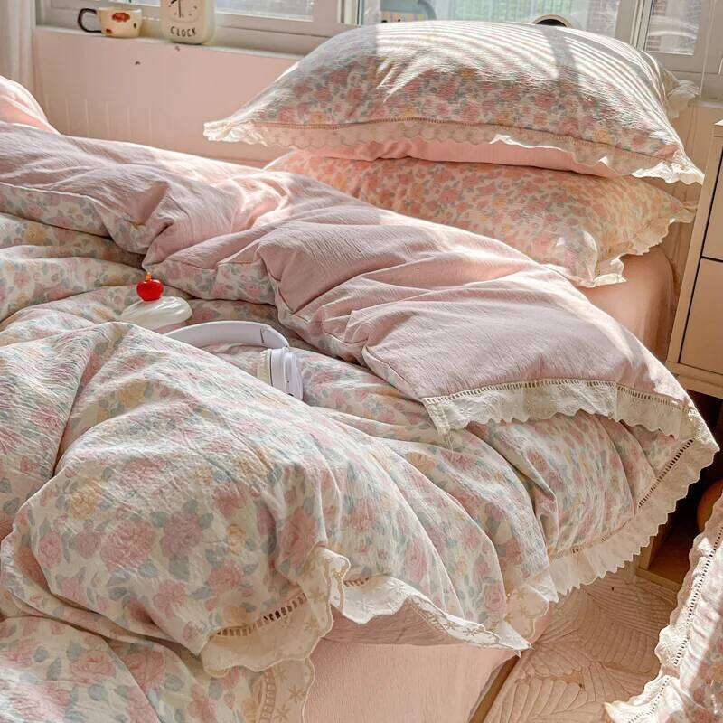 INS Princess Bedding 2025 New Soft Wrinkled Double-layer Flat Sheet Twin Queen Size Duvet Set Pillowcase Bed Linens H260312