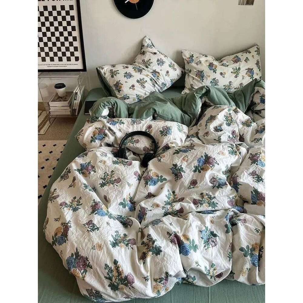 Korean Style Ins Retro Fresh Floral Washed Cotton Four Duvet Set, Student Dormitory Bed Sheet Three Piece Set H260312