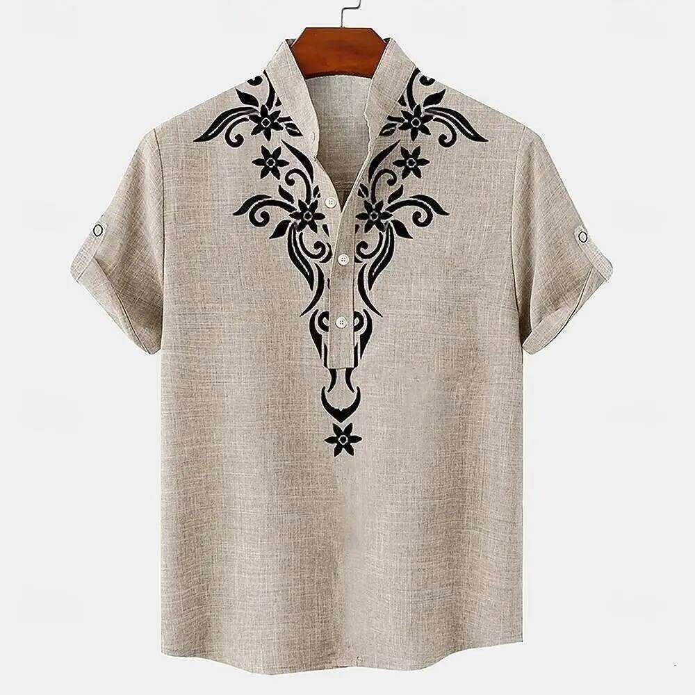 Digital printed retro pattern, fashionable trend, street outdoor, high-quality and comfortable linen men's short sleeved shirt