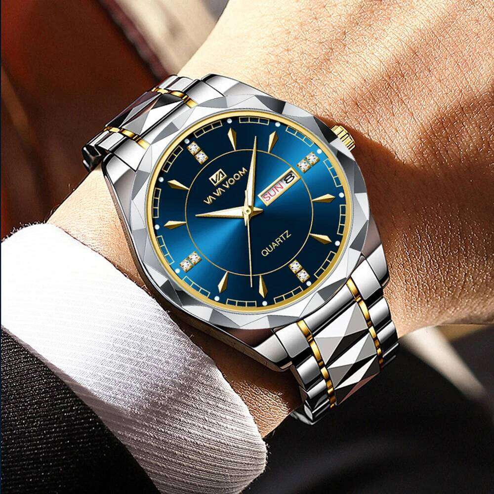VA VOOM Men Stainless Steel Watch Classic Black Rhinestone Luxury Business Clock 3Bar Week Movement Sports Quartz Wristwatch