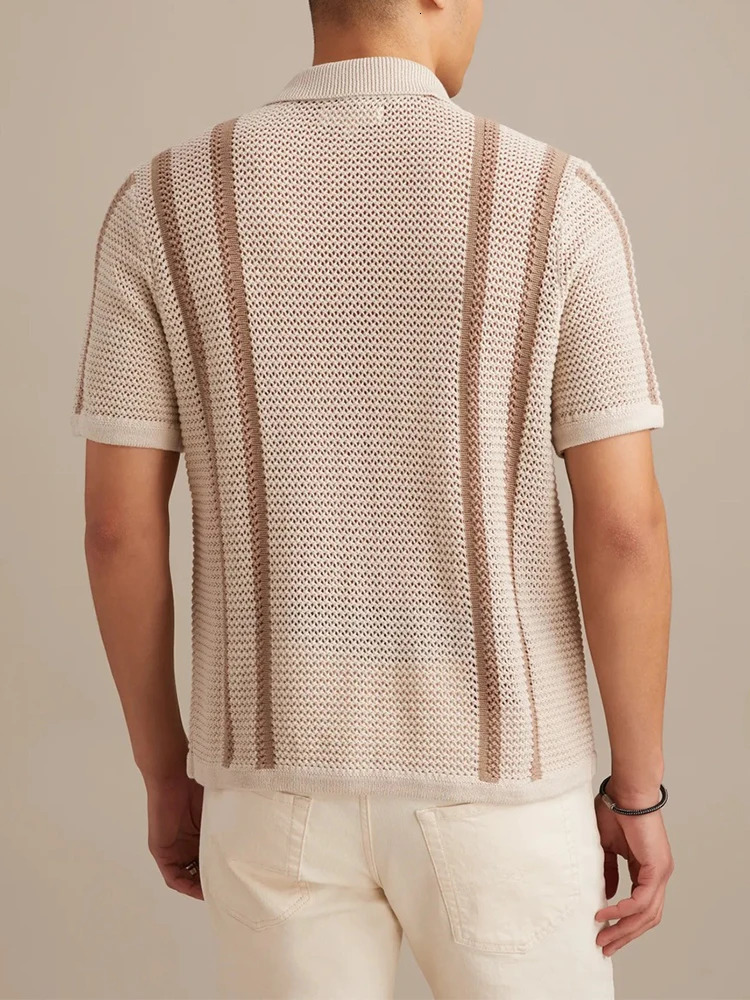 Vintage Striped Knitted Shirts Men Casual Short Sleeve Buttoned Lapel Cardigan Tops 2026 Spring Summer Stylish Knitting Shirt 260311