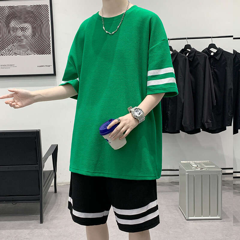 Loose Fit ort Sve Men's T-irt Set 300 Pou Summer Trendy f Sve Clothing Summer Casual Set Short sleeved top and shorts set