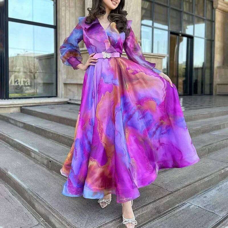 Print Dress Women Long Dresses Full Sleeve Sashes Tight Waist 2024 Autumn Female Temperament Elegant Office Lady Vestidos C260312