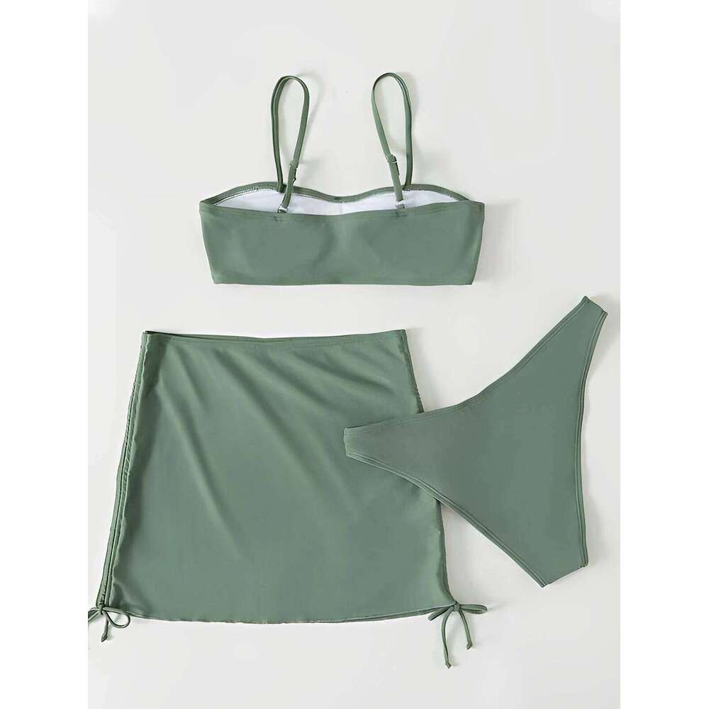 3 Pieces Padded Bikini 2025 Women & Drawstring Skirt Solid Swimsuit Sexy Swimwear Female Bathers Bathing Swimming Swim Suit Y260303