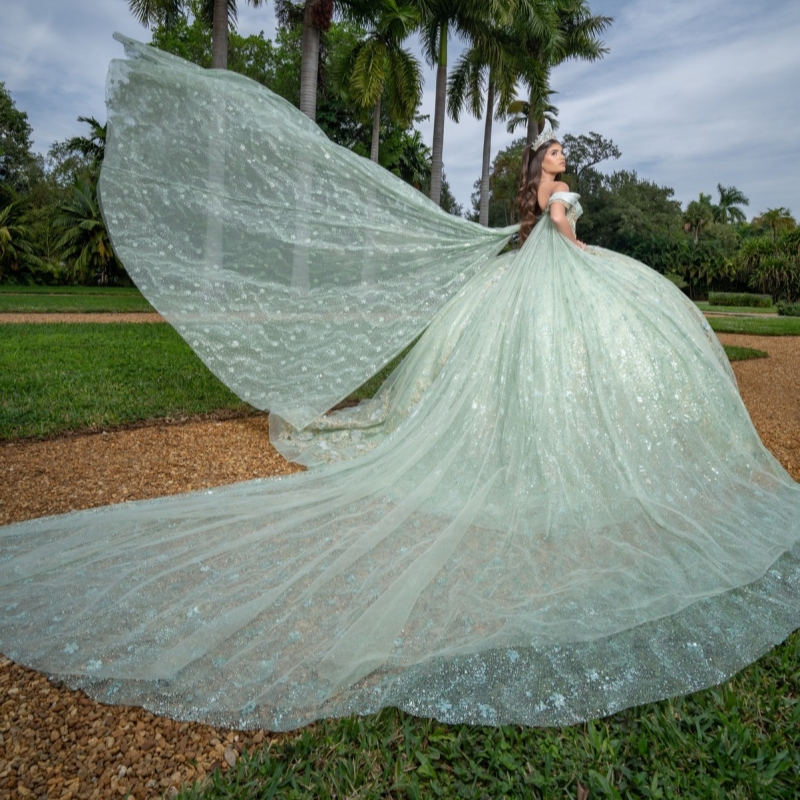 Mint Green Shiny Ball Gown Quinceanera Dresses 2026 Applique Flower Beading Crystal Tull Corset Off Shoulder Sweet 16 Dress Years Vestidos De 15 Anos