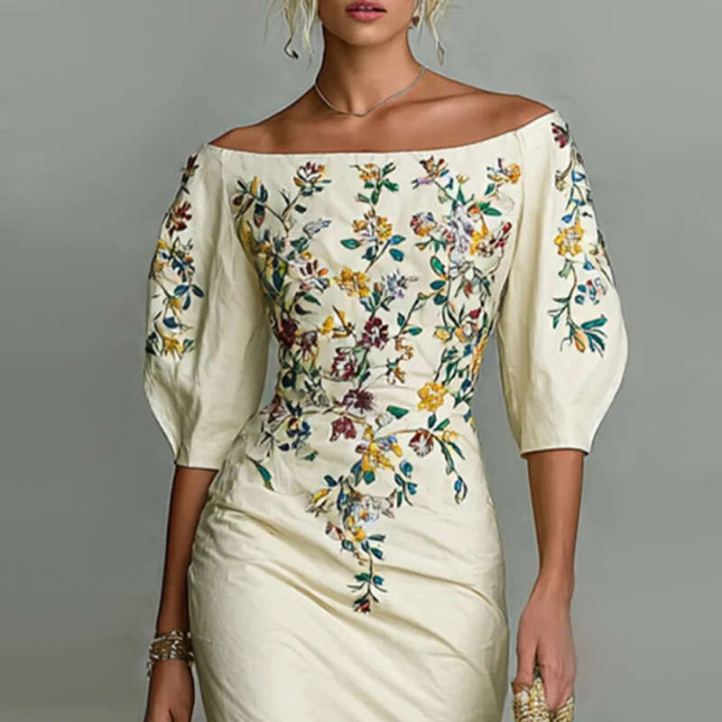 Spring Elegant Floral Print Slim Female Clothing Sexy Slash Neck Hollow Slit Party Dresses Woman Casual Half Sleeve Embroidered Waist-cinching Holiday