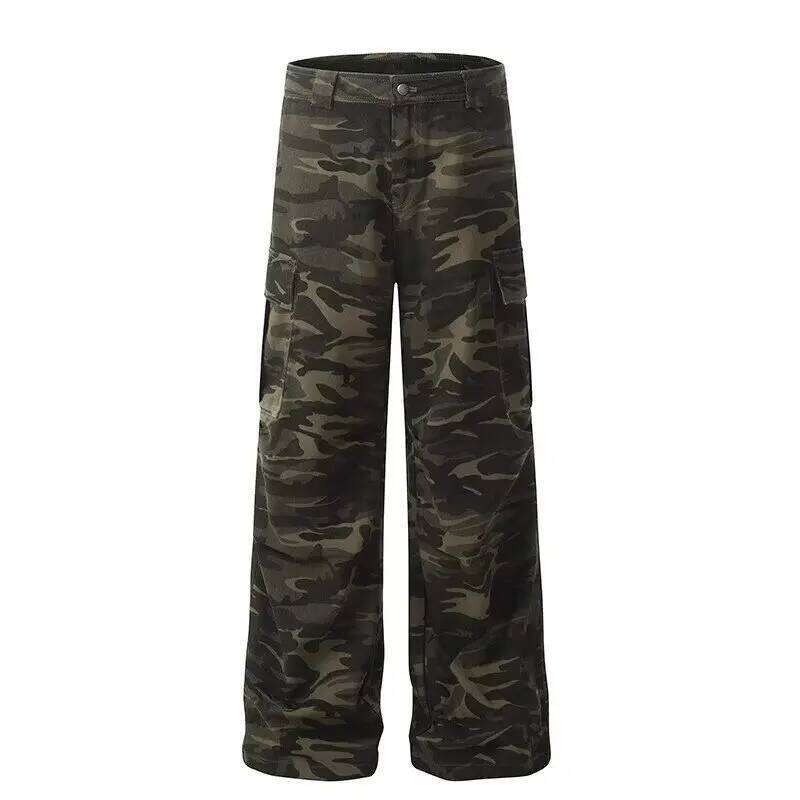 American retro washed design camouflage work pants for men and women, loose straight multi pocket wide leg casual paratroope 26Y0312