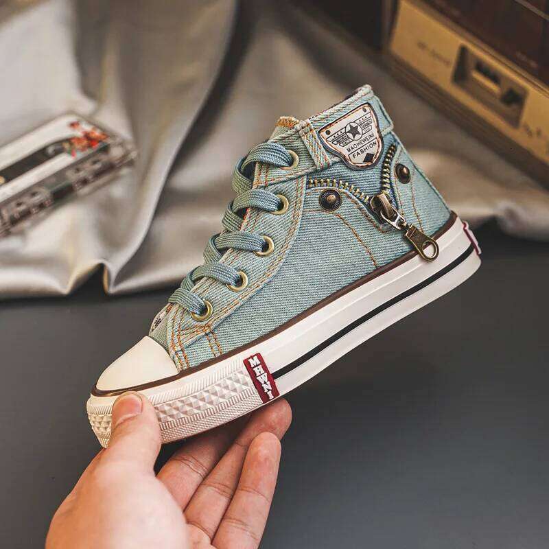 Boys Girls Retro Canvas Children High Top Fashion Side Zipper Slip on Big Kids Soft Sole Non-skid Casual Board Shoes H260312