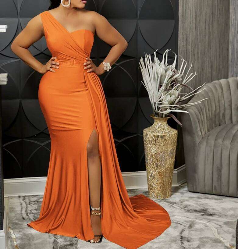 Solid Color Evening Party Tight Fitting Single Shoulder Sleeve Dress Long Skirt Women New Fashion 2025 Casual Female Clothing C260311