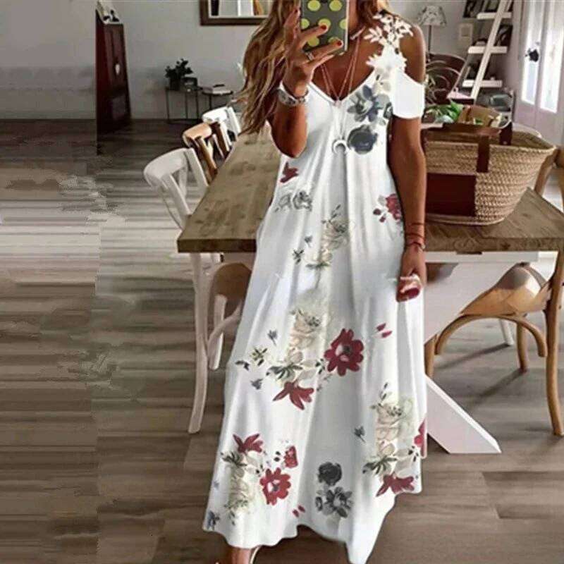 Women's Printed White Lace Sleeveless Suspender Summer Fashion Casual Long Dress C260312