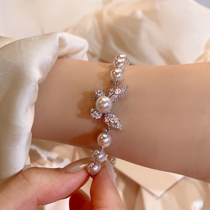 Manta Rose-Colored Pearl Bracelet for Women, French Style Micro-Inlaid Zircon Butterfly Bracelet, Niche Accessories Wholesale