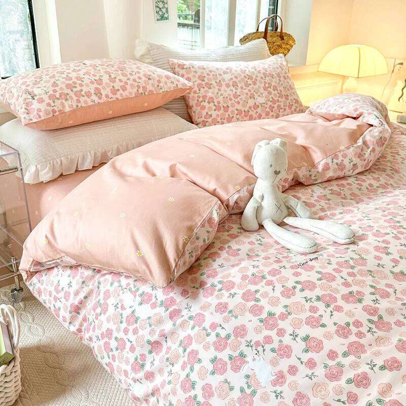 Pure Cotton Bedding Four-piece Set With Duvet Bed Sheet Pillowcase King Queen Full Twin Size Small Floral Quilt Cover H260312