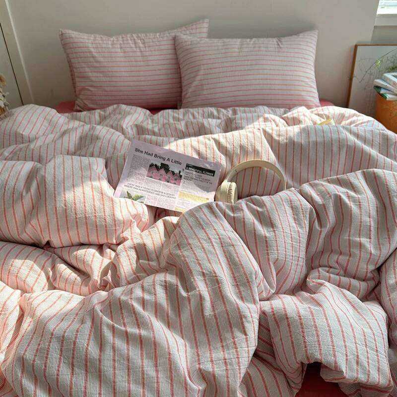 Aimple Stripe Bedding With Pillowcase Sheet Full Size Washed Cotton Duvet Cover Set King Double Single Bed H260312