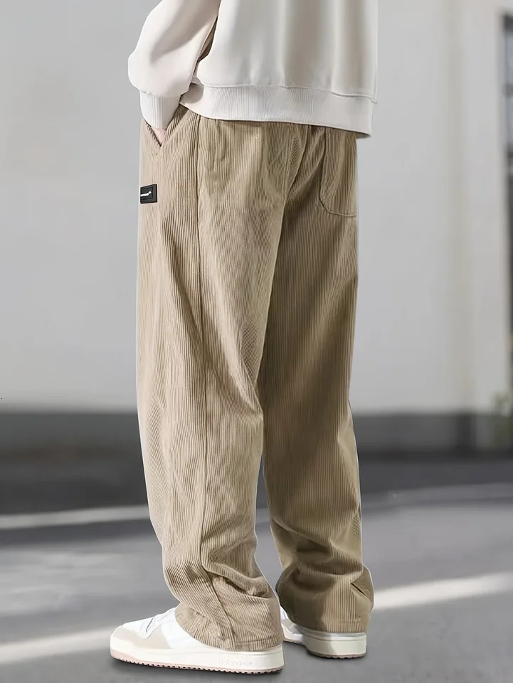 Autumn Winter Mens Casual Pants Striped Corduroy Loose Fashion Cargo Straight Pants Fitness Sports Hip Hop Pants 260311