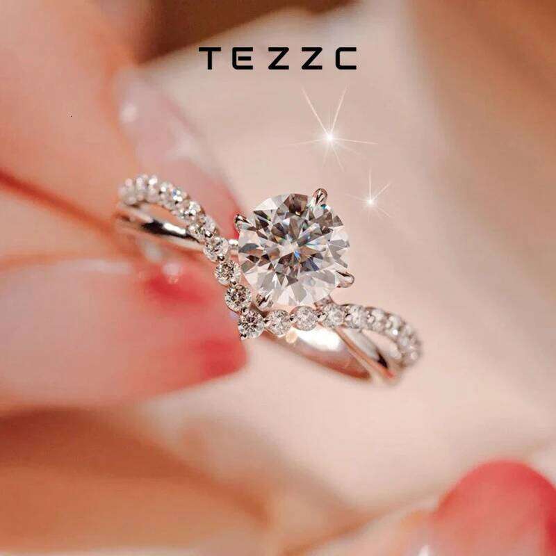 Tezzc 1ct Moissanite Lab Crown Ring 925 Sterling Silver with Gold Plated Pass Diamond Test Rings For Women Girl Jewelry H260312