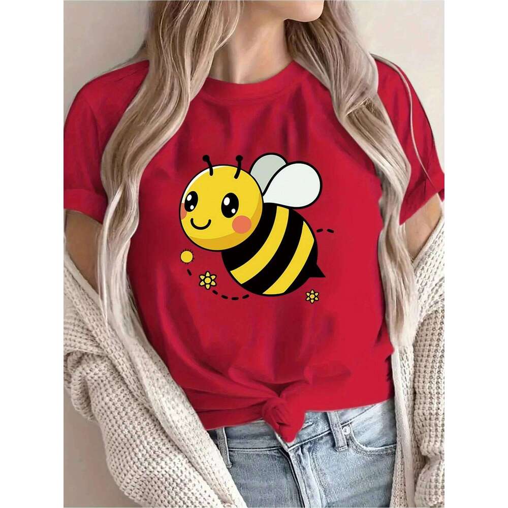 Women's Casual Short Sleeve T-Shirt Cute Cartoon Bee & Floral Print Breathable Round Neck Tee for Spring/Summer Z260312