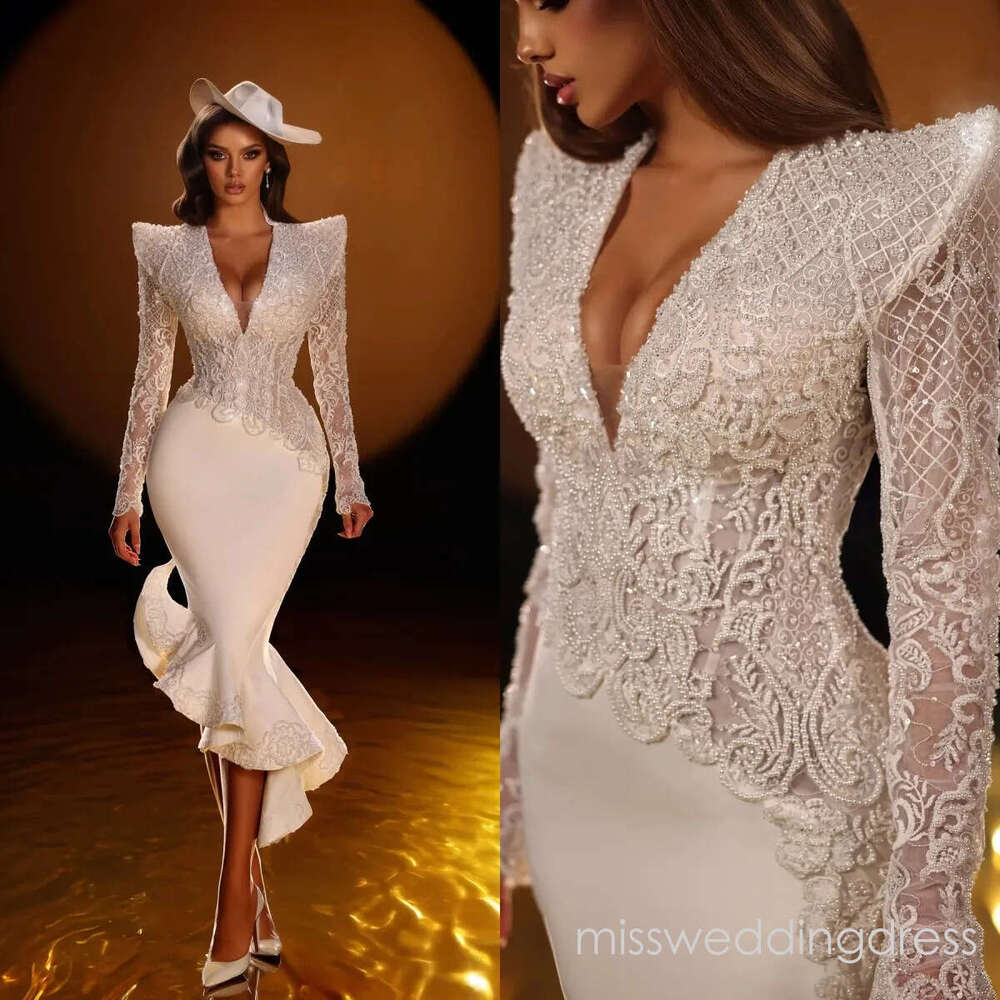 Vintage Pearls Evening Dresses V Neck Appliques Sequins Prom Dress Long Sleeves Slim Fit Customized Party Gowns Vestidos De Noche Plus Size