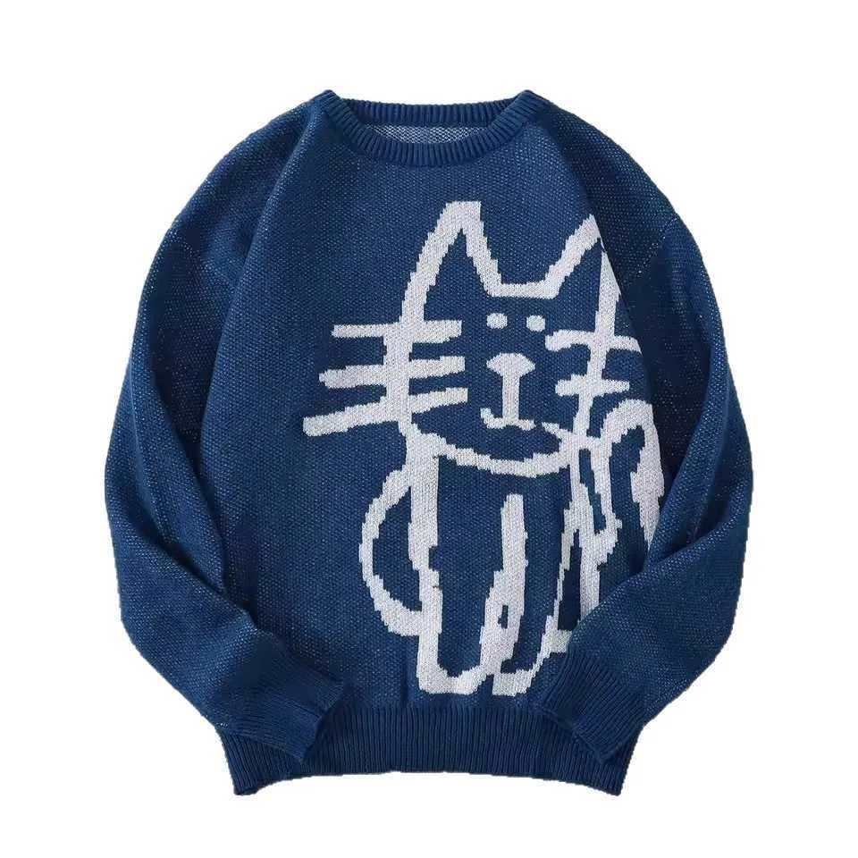 American Street Style Fashionable Loose Fitting Cat Autumn and Winter Round Neck Pullover Mens and Womens Knitted Sweater M260312