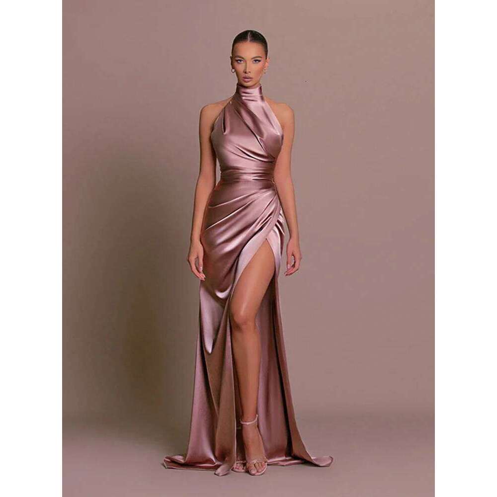 Summer Elegant Party Evening Sexy Women Sleeveless Long Halter Dress Fall Backless High Split Bodycon Maxi Dresses Black C260312