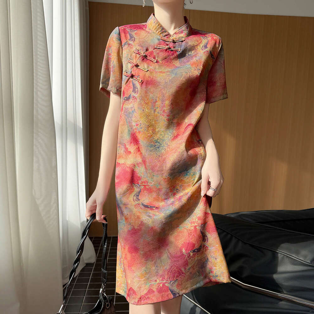 Chinese Style Cheongsams Woman Traditional Dress Floral Print Qipao Satin Slim and elegant dress, Chinese style dress, fashionable buckle