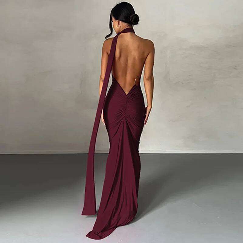 Dulzura One Shoulder Backless Ruched Slim Ribbon Long Women Solid Sexy Elegant Dress Evening Party Club Prom Summer Outfit C260311