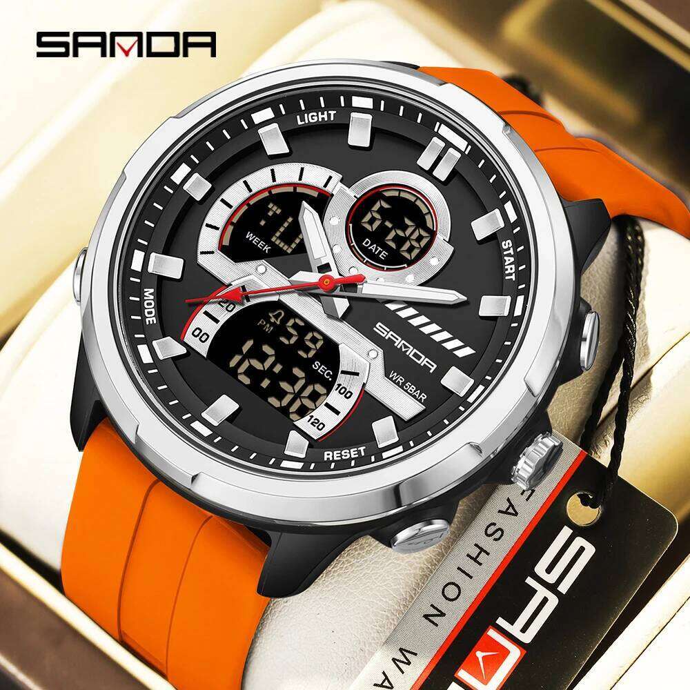 SANDA new 9077 men's sports multifunctional dual display waterproof LED night light student electronic watch