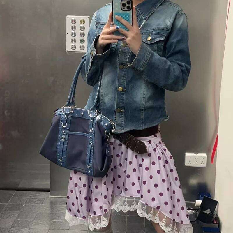 Hot Girl Retro Handbag Y K Harajuku Fashion Patchwork Shoulder High End Niche Women S Underarm Riveted Motorcycle Bag XIU LAI SI
