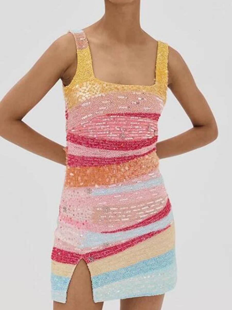 Elegant Lady Fit Banquet Short Fashion Sequins Sleeveless Halter Evening Summer New Women High Waist Wrap Hips Dress