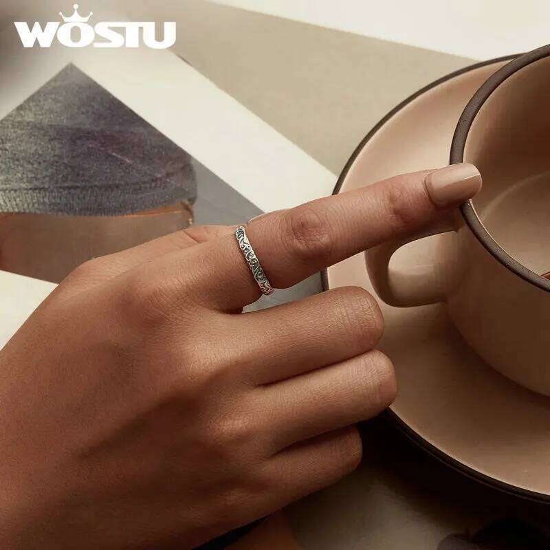 WOSTU 925 Sterling Vintage Pattern for Women Simple Style Silver Retro Ring Fine Jewelry Gift SCR1031 H260312