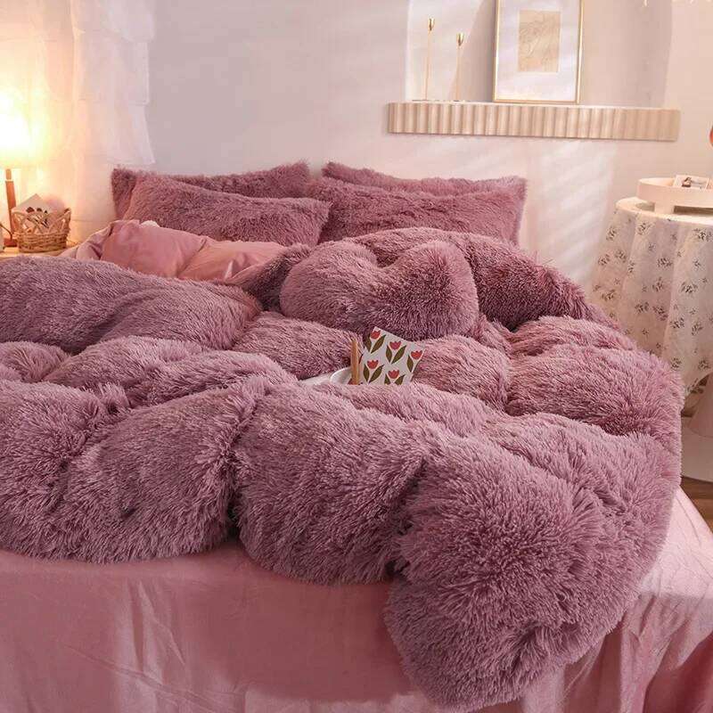 Winter Warm Long Plush Pink Bedding Queen Mink Velvet Double Duvet Cover Set with Fitted Sheet Warmth Quilt Covers H260312