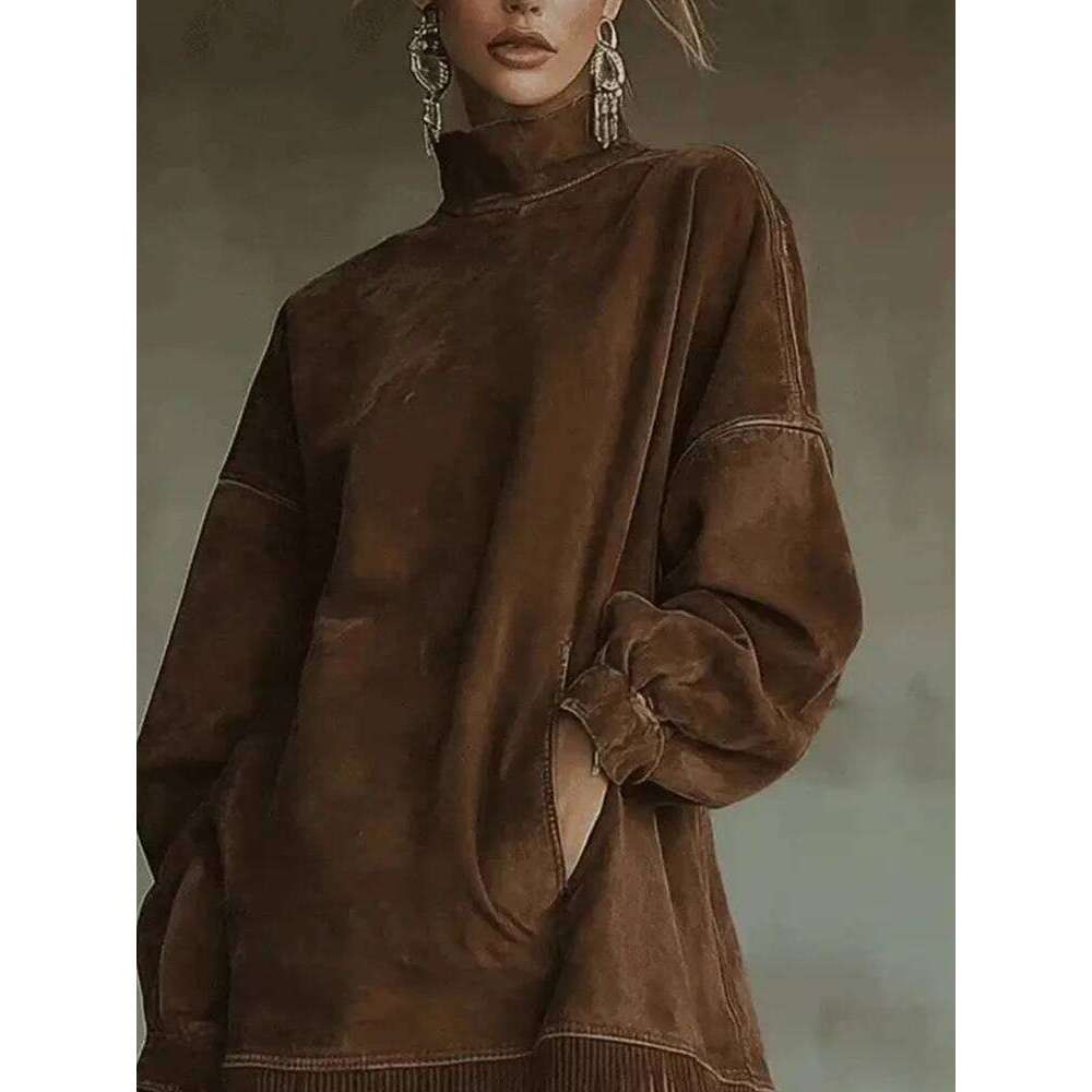 Fashion High Collar Velvet Pullovers Temperament Long Sleeve Loose A-line Elegant Solid Color Women's Commute Dress C260312
