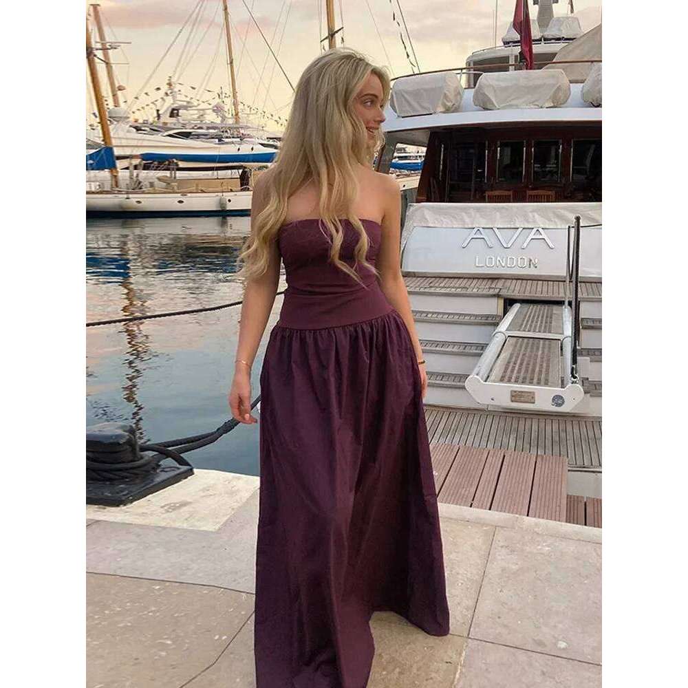 Elegant Women Solid Sleeveless Off Shoulder Maxi Dress Sexy Backless High Waist Pleated Dresses Chic Lady Club Party Robes C260312