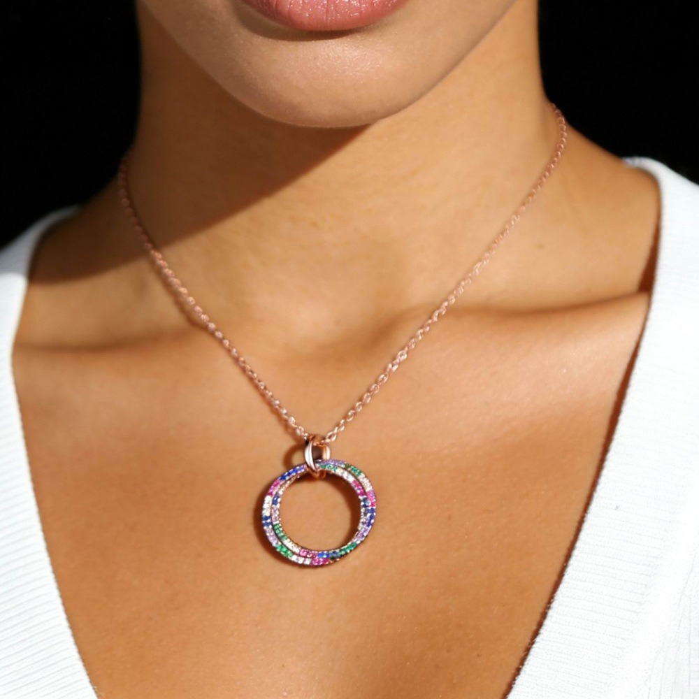 Colorful Rose Gold Plated Double Ring Necklace Rainbow Gradient Color Inlaid With Zircon Fashionable And Versatile Boutique Gift