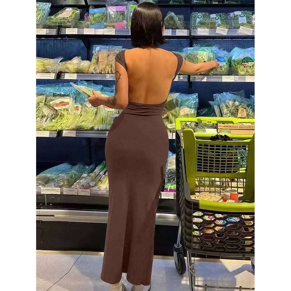 Elegant Women Basic Short Sleeve Sexy Backless Slim Fit Summer Casual Vintage Gothic Streetwear Long Dress C260312