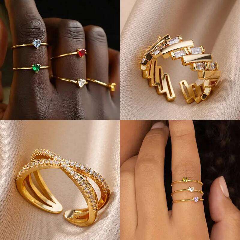 Zircon Rings For Women Gold Color Adjustable Stainless Steel Birthstone Heart Ring Wedding Jewelry Gift BFF H260312