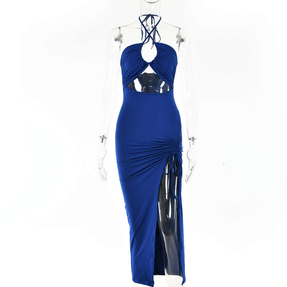 European and American Style Spring New Sexy Hot Girl High Slit Ruched Halter Neck Elegant Chest-Enhancing Long Dress
