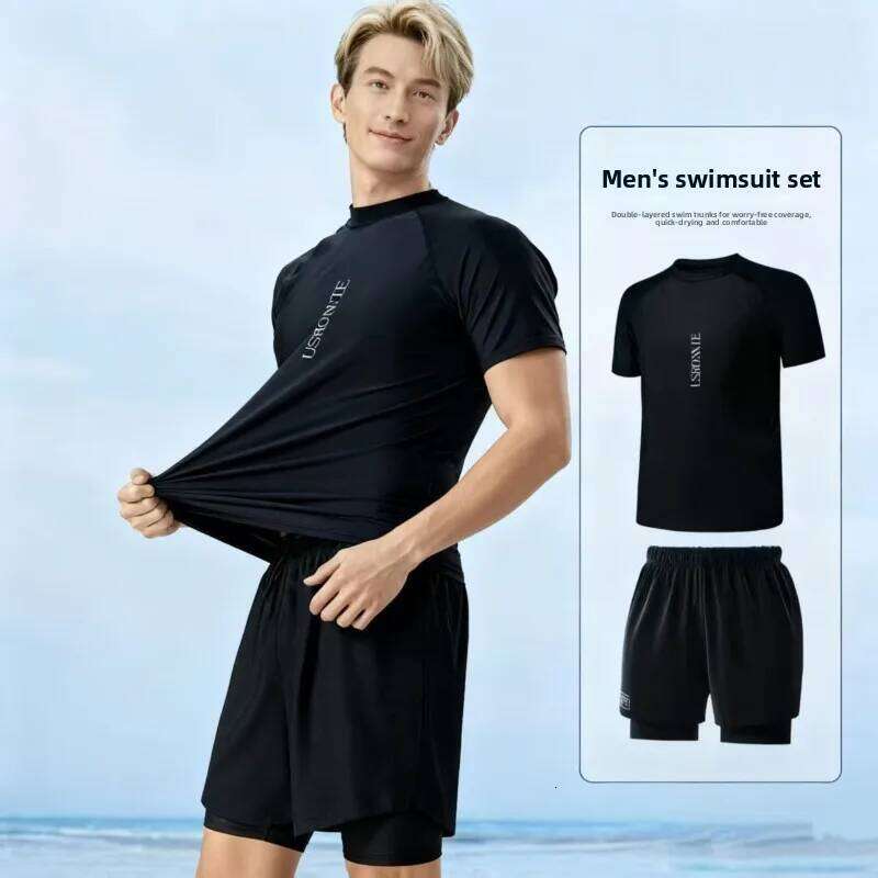 Men's Loose Fit Swim Set: Quick-Dry Trunks UPF 50+ Long Sleeve Rash Guard for Swim, Hot Springs & Sun Protection Z260312