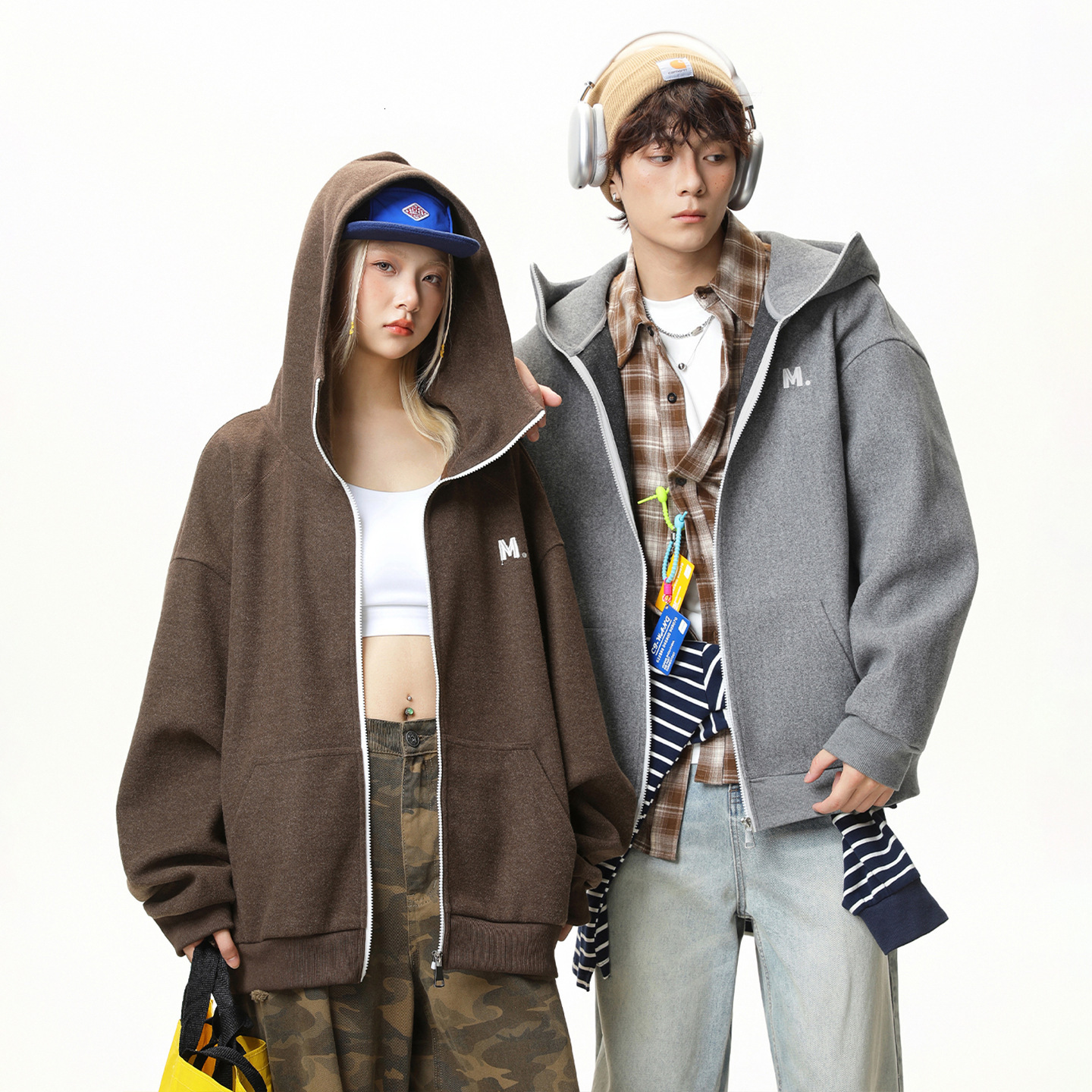 Designer Hoodie Color-block Zipper Woolen Hooded Sweatshirt Autumn Retro Loose Couple Heavy Thick Jacket Coat