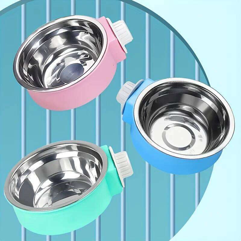 Candy-Colored Pet Cat Food Hanging Stainless Steel Dog Cage Double Bowl 26Y0312
