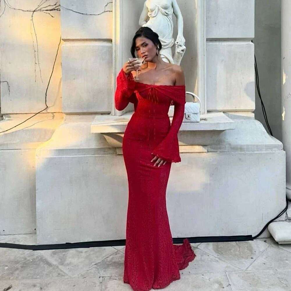 Oligai Autumn Off-Shoulder Maxi Elegant Lace Flare Sleeves Red Evening Party Women's New Arrival 2025 Cocktail Dress C260312