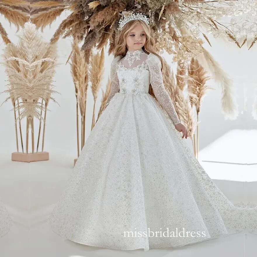 Sparkle Lace Flower Girl Bows Childrens First Communion Princess Tulle Ball Gown Wedding Party Dress D0312