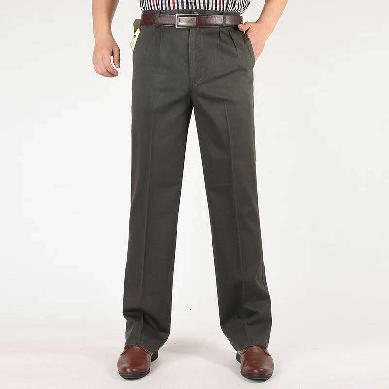 Men's Casual Trousers Men Pants Male Brand Solid Color High Waist Loose Pure Cotton Double Pleat Wrinkle Pant YGSHA65