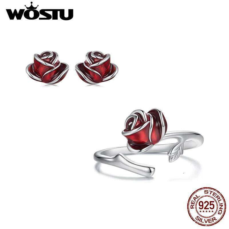 WOSTU Real 925 Sterling Silver Red Rose Opening Ring For Women Valentine Gift Flower Stud Earrings Fine Wedding Jewelry Set H260312