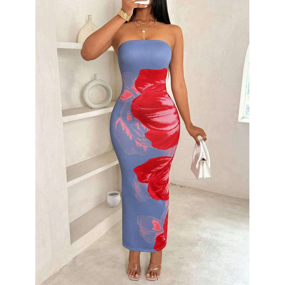 2025 European American cross-border new model Shein women's slim-fit off-shoulder dress with contrasting floral print, elegant and fashionable