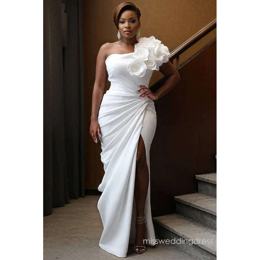 Elegant White One Shoulder Prom Dresses For Black Girls Mermaid Backless With Hight Split Formal Occasion Evening Party Gowns African Bridesmaid Wears