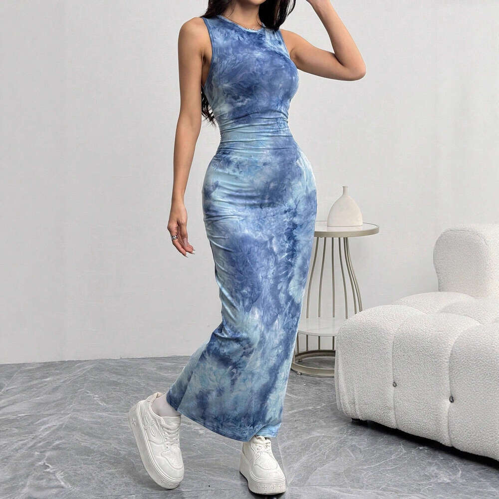 In Stock European and American 2025 Spring Summer Export Women's Sexy Sleeveless Printed Mid-Length Slim Fit Tank Dress for Women