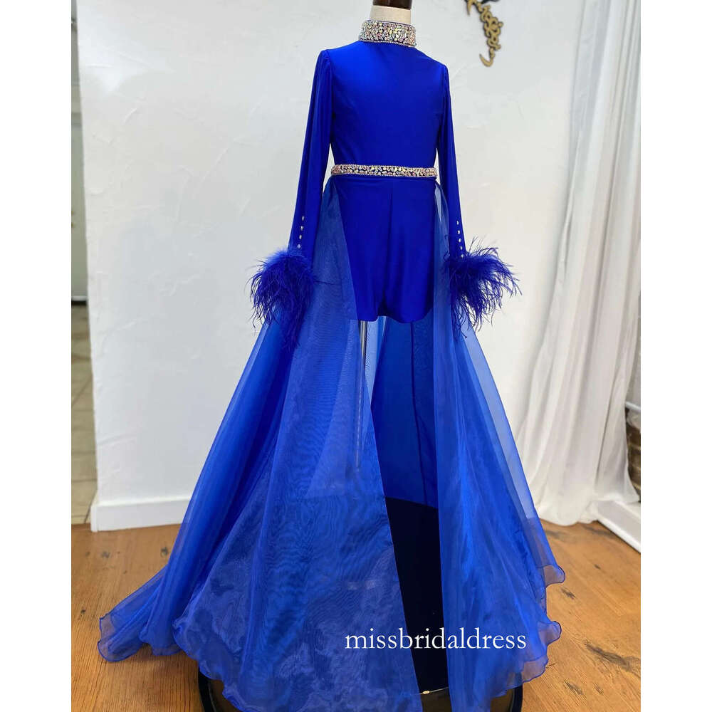 Girls Long Sleeves Pageant Dresses 2022 Feather Trim Short Romper With Overskirt Preteen Formal Event Wear Gowns Stretch Lycra Crystals Belt D0312