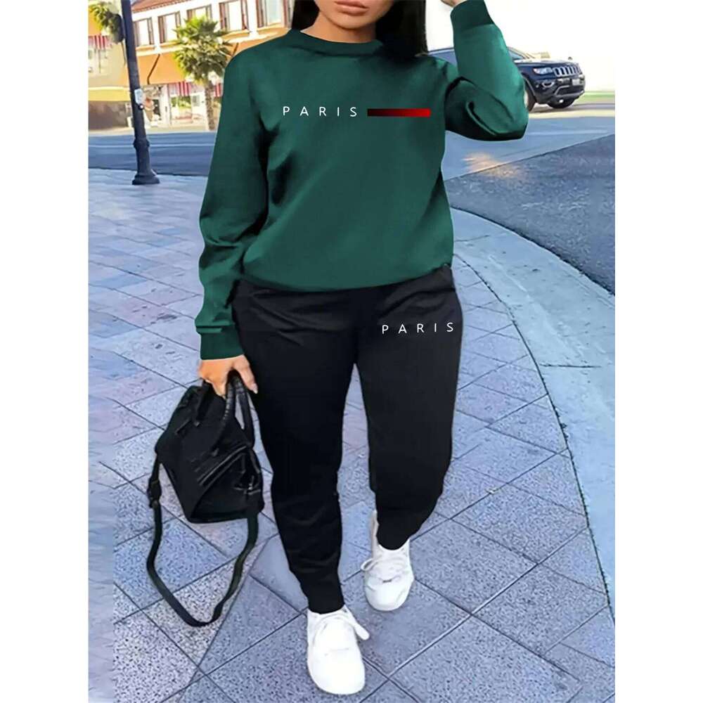 Women's autumn and winter hip-hop casual street fashion Paris letter printed round neck sports shirt+sports pants warm suit C260312