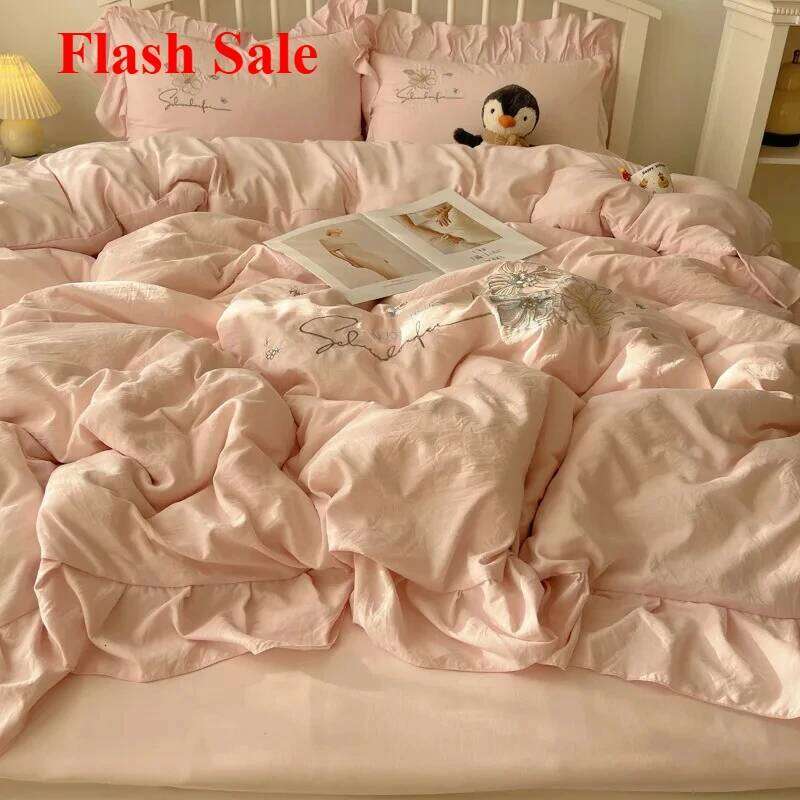 2025 new lace embroidery small fresh and cute girl heart four-piece set washed cotton summer sheet quilt cover bed hat H260312