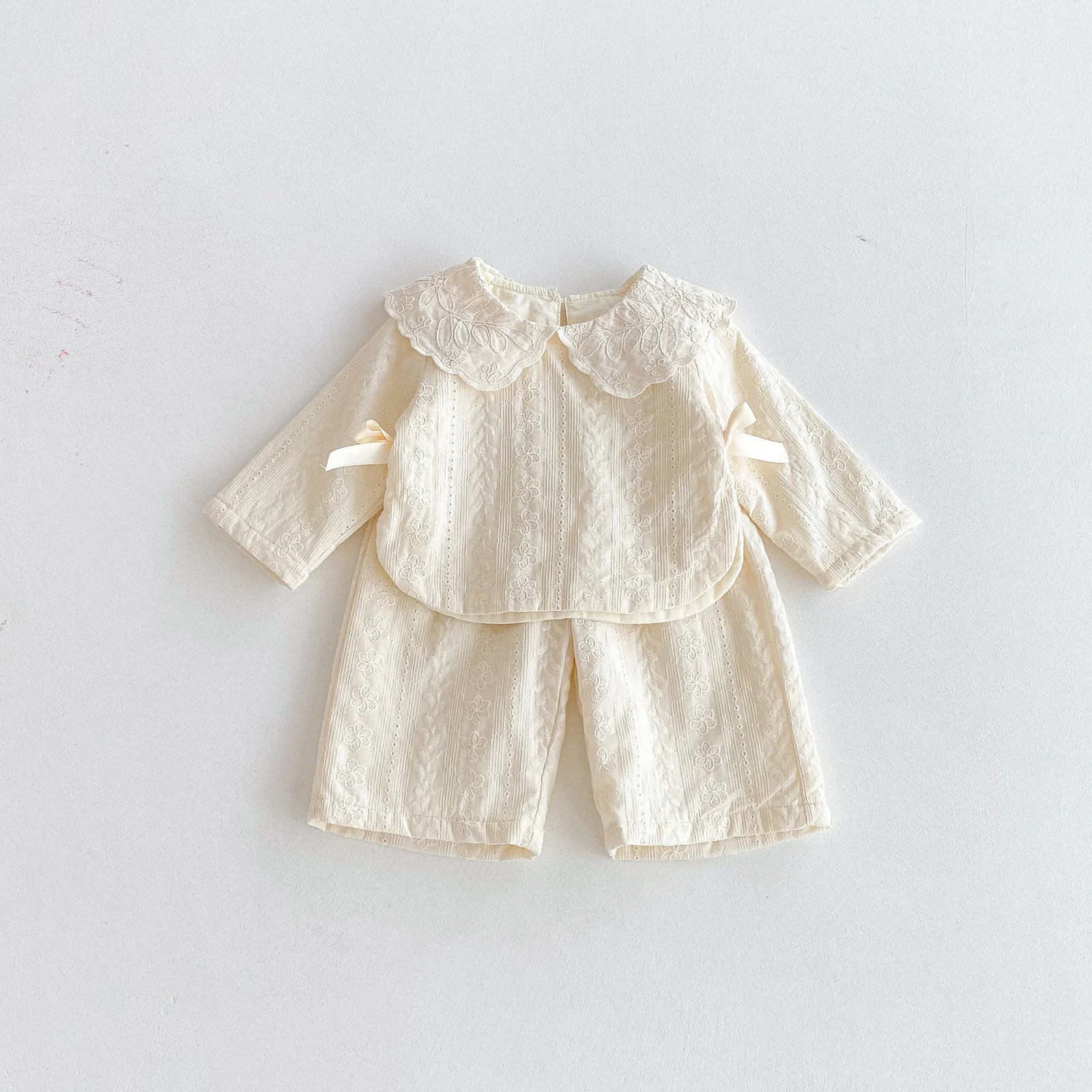 Baby girl lace collar top wideleg pants set autumn girls bow jacquard fabric twopiece 260311